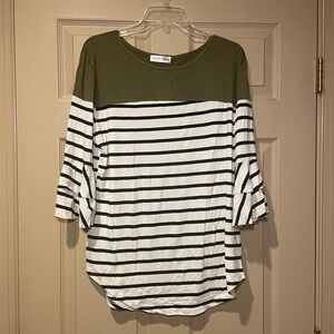 Tickled‎ Teal Olive & Black/White Striped Top with Flared Sleeves, Size Large